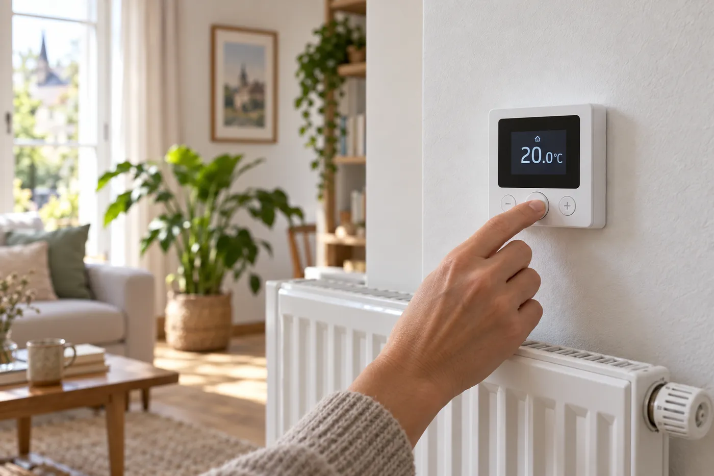 Réglage d'un thermostat d'ambiance au-dessus d'un radiateur dans un séjour